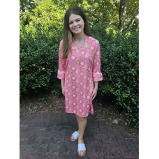 Erma's Closet Pink Paisley Print U-neck Dress w/ Ruffle Sleeves